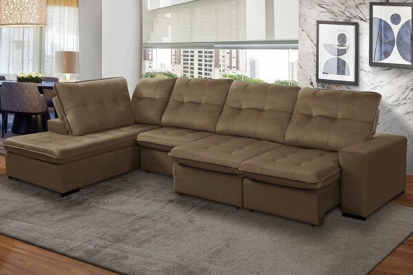 Sofá Canto Chaise 3,70M x 2,23M Retrátil Duplo Molejo Pillow Marselha Veludo Bege Escuro - Grandellar - 1