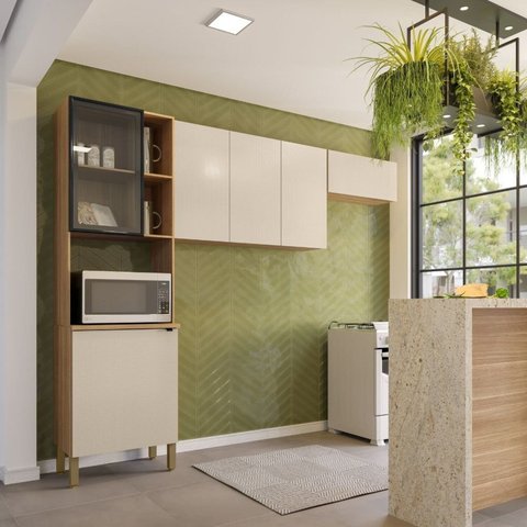 Cozinha Compacta 3 Peças 6 Portas 100% MDF sem Balcão Vert Plus Freijó/ Preto/Bege
