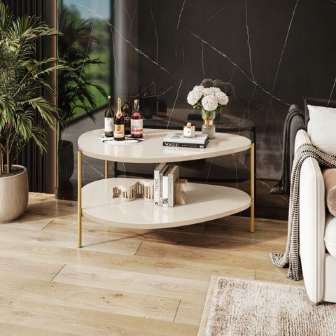 Mesa Lateral Orgânica 60cm Altura Pé Dourado:off White