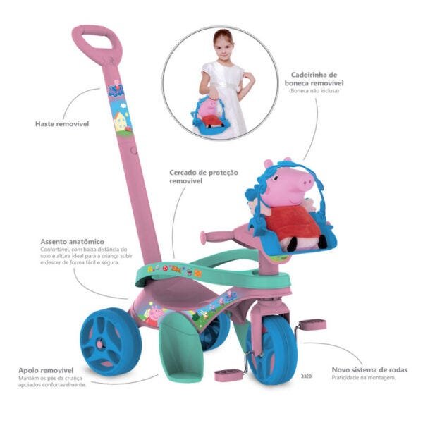 TRICICLO MOTOTICO PEPPA PIG PASSEIO E PEDAL 3320 - 3