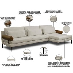 Sofá 4 Lugares com Chaise 290cm Pés Industrial Malik D06 Linho Bege Couríssimo Camel - Lyam Decor - 5