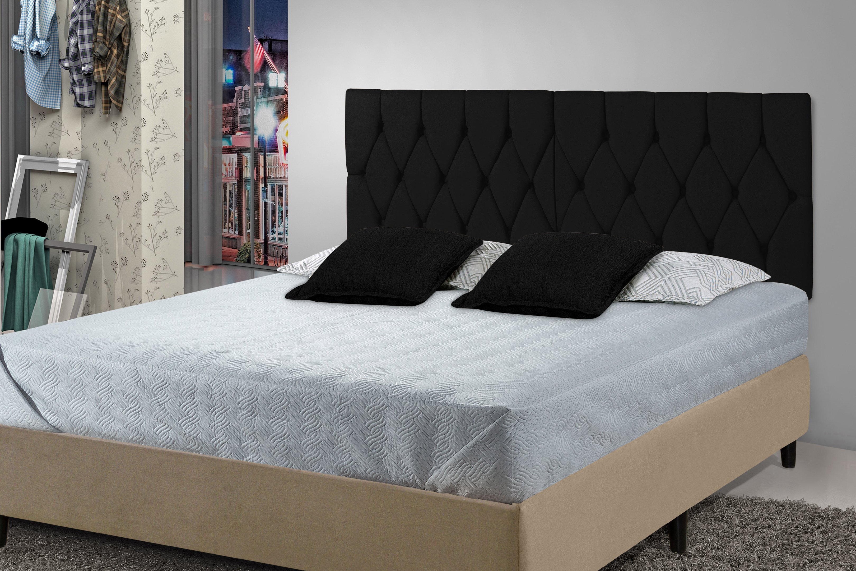 Cabeceira Painel Dubai Deluxe Estofada Casal Preto - 1,40 metros