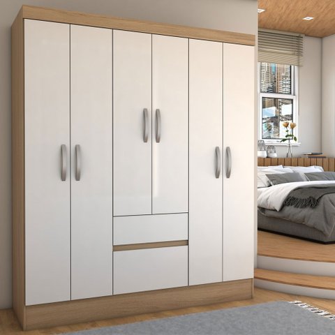 Guarda-roupa Casal Sena Slim 6 Portas 2 Gavetas Amêndola Touch/off White - Panorama Móveis