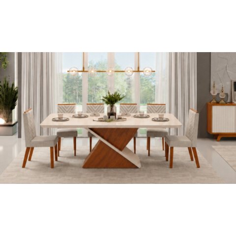 Conjunto Sala de Jantar Mesa Zafira 200x100cm Tampo Chanfrado Curvo e 6 Cadeiras Nara