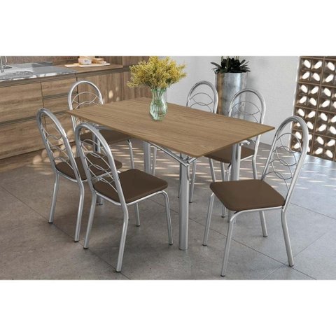 Conjunto: Mesa Sala Jantar Elba C/ Tampo de Madeira 160cm e 6 Cadeiras Holanda Cromada/nogueira -