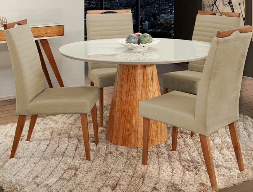Mesa De Jantar Cone Mel Tampo Redondo De Vidro 100cm Off White ...