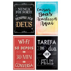 Kit 4 Placas Decorativas Frases Deus Wifi Feliz Mdf 20x30 cm
