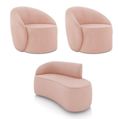 Sofá 2 Lugares Orgânico 140cm Morgan e 2 Poltronas Lua Veludo Rose D03 - D’Rossi