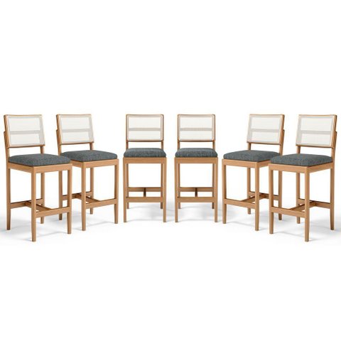 Kit com 6 Banquetas Milena Madeira Maciça Assento Estofado Encosto de Tela Sintética Linho Chumbo 40
