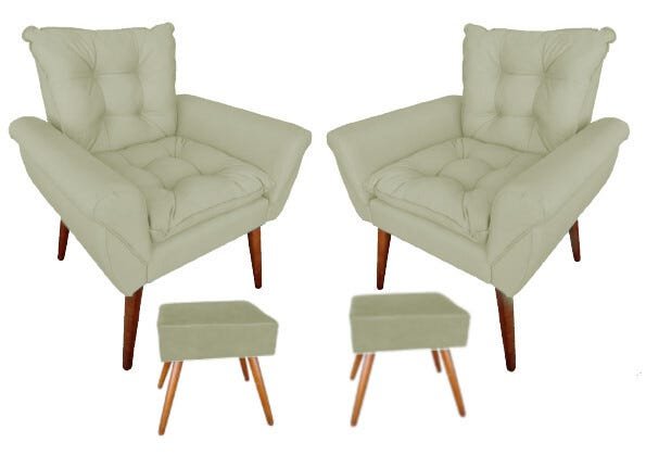 KIT 2 POLTRONAS DECORATIVAS TURMALINA COM 2 PUFF QUADRADO SUEDE BEGE - 1