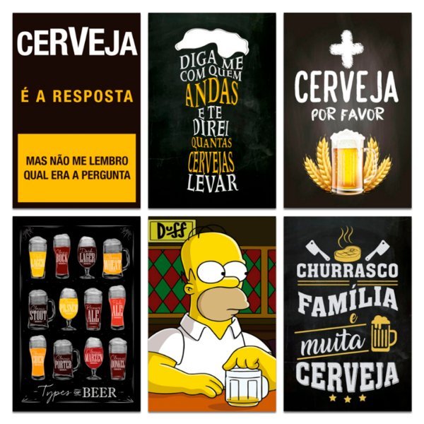 Kit Placas Quadros Decorativos Cervejas Frase 6 pçs 20x13 cm