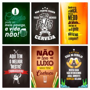 Kit Placas Quadros Frases Bar Cervejas Mdf 6 pçs 20x13 cm