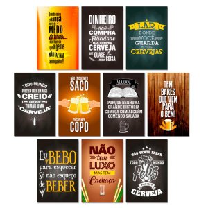 Kit Placas Decorativas Cervejas Frases Mdf 10 pçs 20x13 cm