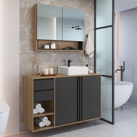 Gabinete de Banheiro 110cm com Espelheira 2 Portas e Cuba Antônia