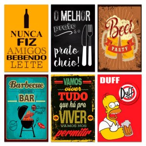 Kit Placas Quadros Decorativos Bebidas Frases 6 pçs 20x30 cm