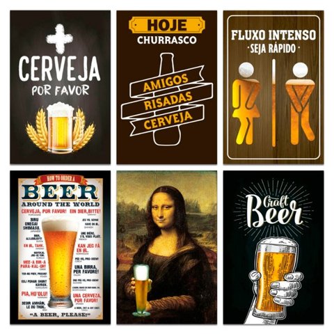 Kit Placas Quadros Decorativos Frases Cerveja 6 pçs 20x30 cm