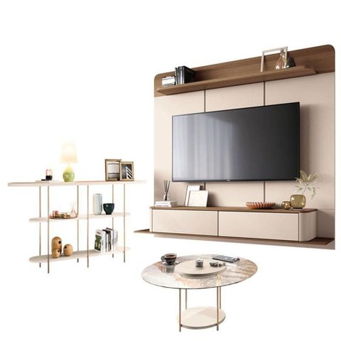 Home Suspenso Galax Castanho Off White e Aparador Infinity e Mesa de Centro Sky com Tampo de Vidro