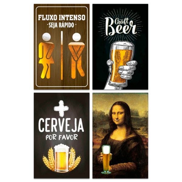 Kit Placas Quadros Decorativos Cerveja Frases 4 pçs 20x30 cm