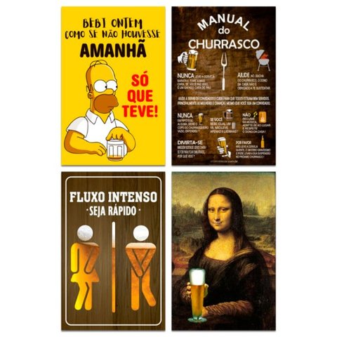 Kit Placas Manual Churrasco Frases Mdf 4 pçs 20x30 cm