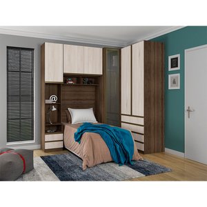 Guarda Roupa Solteiro de Canto com Vidro Reflecta Nogueira Dourado com Legno Crema Prime Luciane