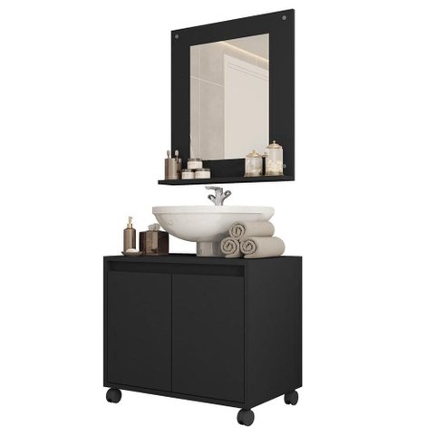 Kit Conjunto Gabinete Armario Banheiro Espelho Clean Preto