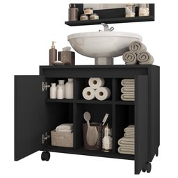 Kit Conjunto Gabinete Armario Banheiro Espelho Clean Preto - 4
