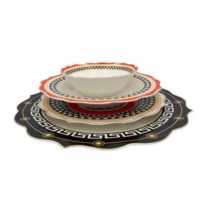 Aparelho de Jantar em Porcelana Preto com Detalhes Vermelho 24 Peças