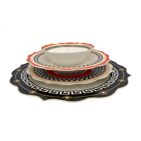 Aparelho de Jantar em Porcelana Preto com Detalhes Vermelho 24 Peças