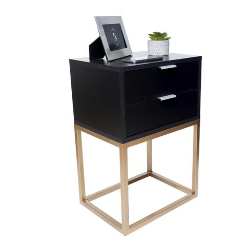 Mesa de Cabeceira Industrial 40cm Preto 2 Gavetas Pés Ferro Dourado para Quarto Cama