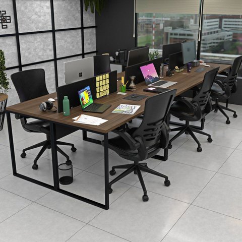 Escrivaninha Mesa Escritório 6 Lugares 360cm Industrial Nogal e Preto Marrom