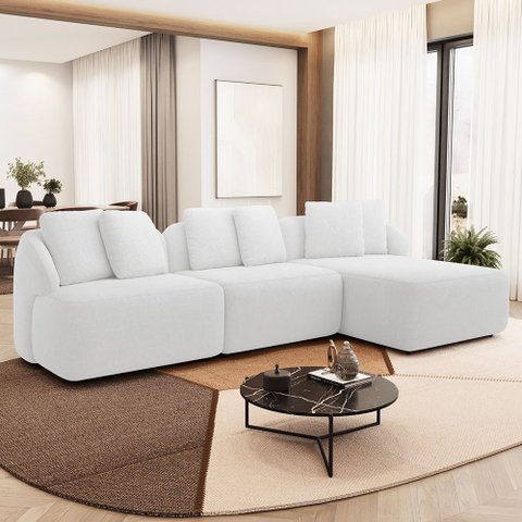 Sofá 3 Lugares com Chaise Direito Sala Living 248cm Arlo F04 Bouclê Off White - Lyam Decor