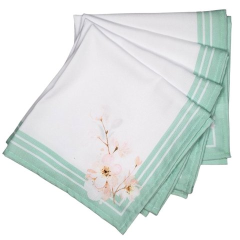 Kit 4 Guardanapos de Tecido Floral Verde Água 40cmx40cm
