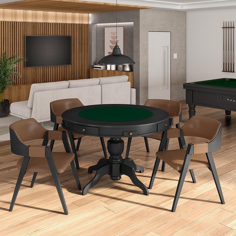 Conjunto Mesa de Jogos Carteado Tampo Reversível e 4 Cadeiras Madeira Poker Pu Caramelo-preto