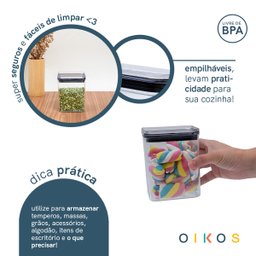 Pote de acrílico 870ml com tampa transparente quadrado empilhável - Oikos - 4 Pote de acrílico 870ml com tampa transparente quadrado empilhável - Oikos - 4