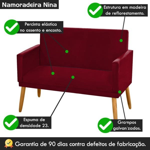 Poltrona Namoradeira Nina 2 Lugares Suede Vinho Bordô - 5
