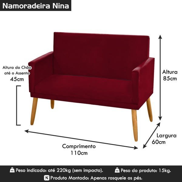 Poltrona Namoradeira Nina 2 Lugares Suede Vinho Bordô - 6