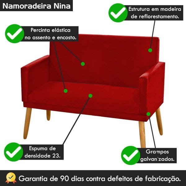 Poltrona Namoradeira Nina Pés Madeira Palito Suede Vermelho Marsala - 5