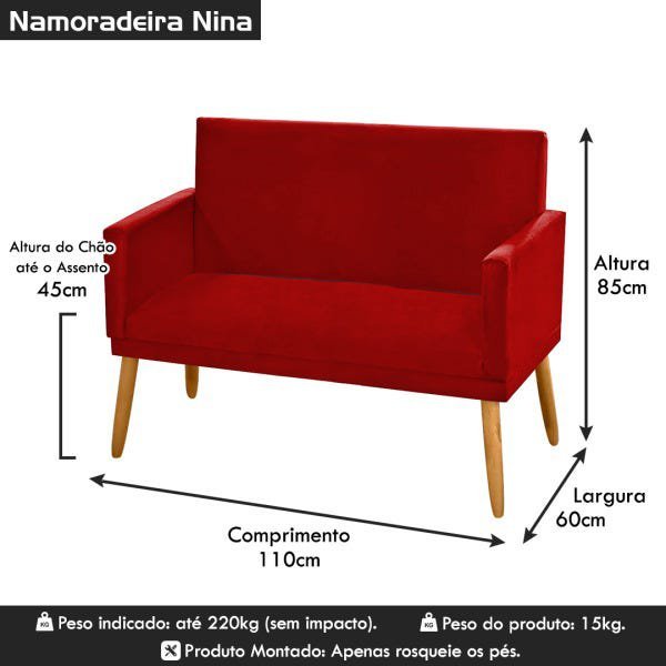Poltrona Namoradeira Nina Pés Madeira Palito Suede Vermelho Marsala - 6