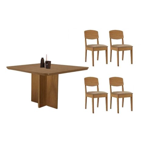 Sala de Jantar Completa Berlim C/ Tampo Madeirado Canto Curvo 90x90cm e 4 Cadeiras Havana Naturale