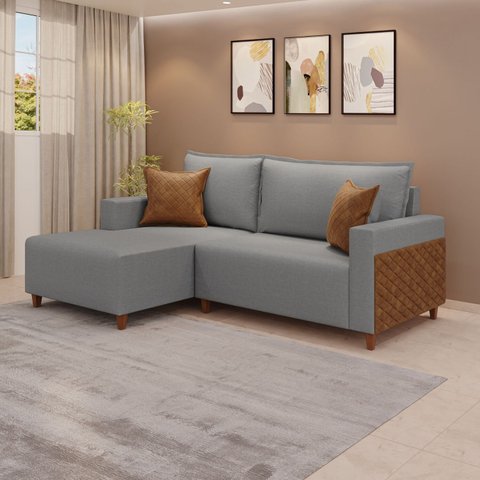Sofá com Chaise 4 Lugares 238cm em Linho Cinza Milão