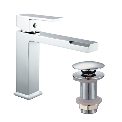 Torneira Monocomando de Mesa para Banheiro Bica Baixa Quadrada + Válvula Click para Cuba 7/8 Redonda