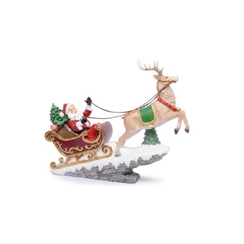 Escultura Papai Noel com Rena e Treno Decorativo Resina