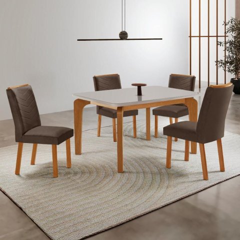 Conjunto Mesa de Jantar 120cm com 4 Cadeiras Estofadas Multimóveis Crrft-CON045 Madeirado/Off White