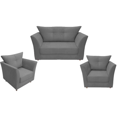 Kit Namoradeira + 2 Poltronas Decorativa Isis Suede Cinza Pés Madeira Ms Decor