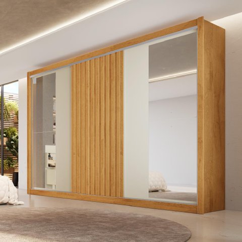 Guarda Roupa 3 Portas Vitória com Espelho 100% Mdf Peroba Off White - Móveis Europa