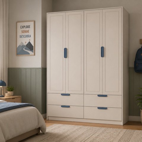 Armário para Quarto Infantil 4 Portas e 4 Gavetas Theo Bege/Areia/Azul Petróleo