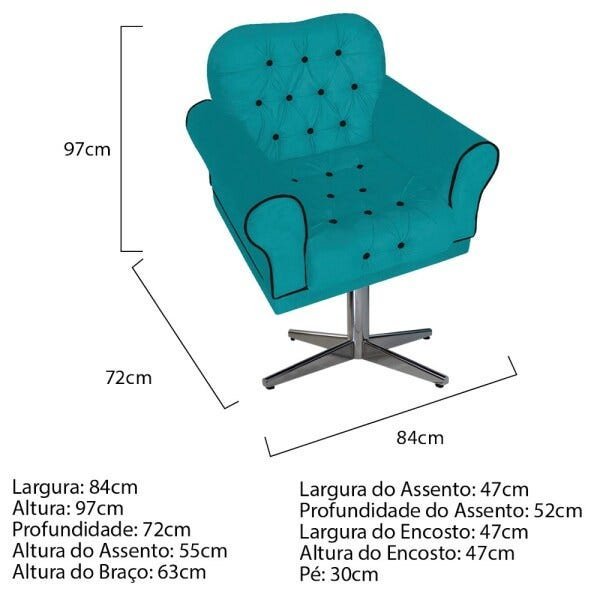 Kit Poltrona, Namoradeira e Puff Mariana Base Giratória de Metal Suede Azul Turquesa - Amarena Móvei - 5