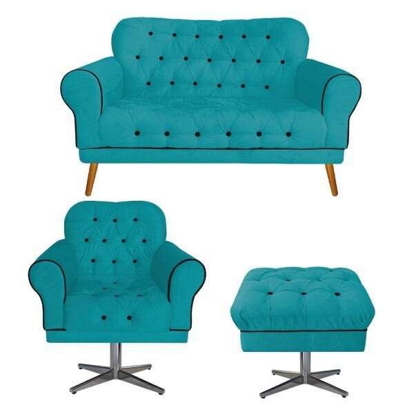 Kit Poltrona, Namoradeira e Puff Mariana Base Giratória de Metal Suede Azul Turquesa - Amarena Móvei - 1