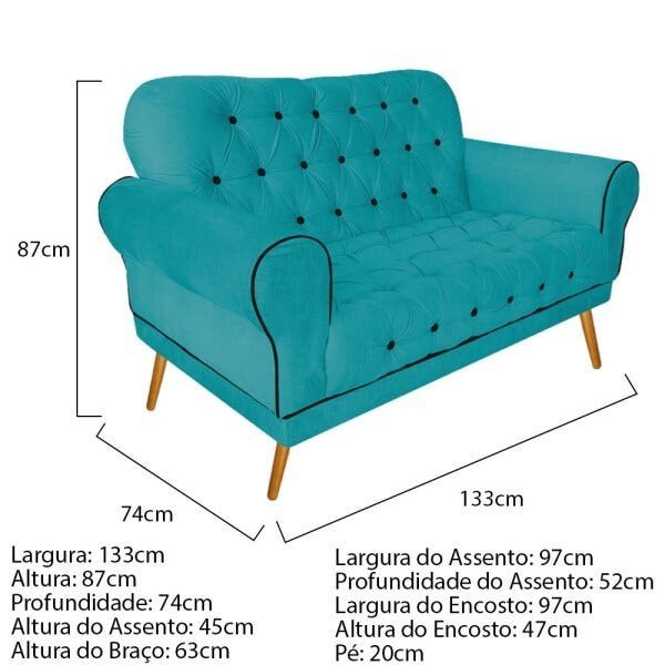 Kit Poltrona, Namoradeira e Puff Mariana Base Giratória de Metal Suede Azul Turquesa - Amarena Móvei - 6