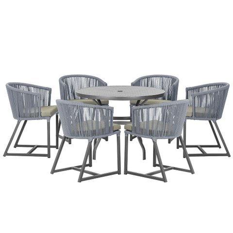 Mesa com 6 Cadeiras de Jantar Roma 120cm e Noronha em Alumínio Preto Corda Náutica Estofado 8 Trama